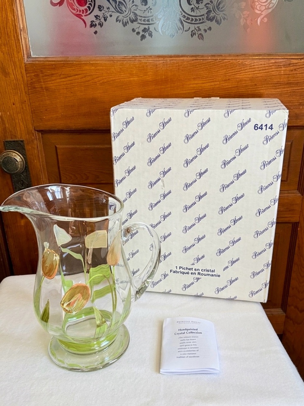 Princess House Handpainted Crystal Tulip Pitcher 10” w/ Box Papers EUC